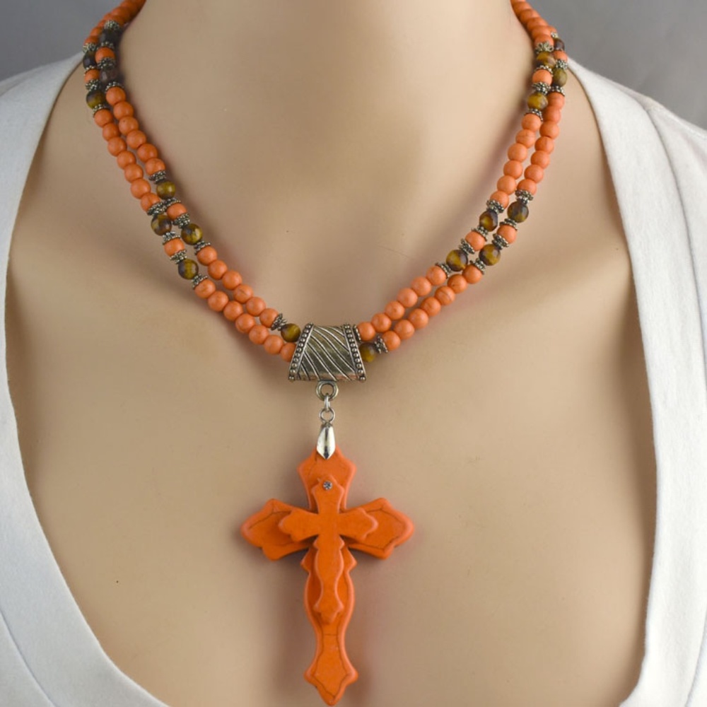 Orange Turquoise & Tiger Eye Double Cross 3PC Set